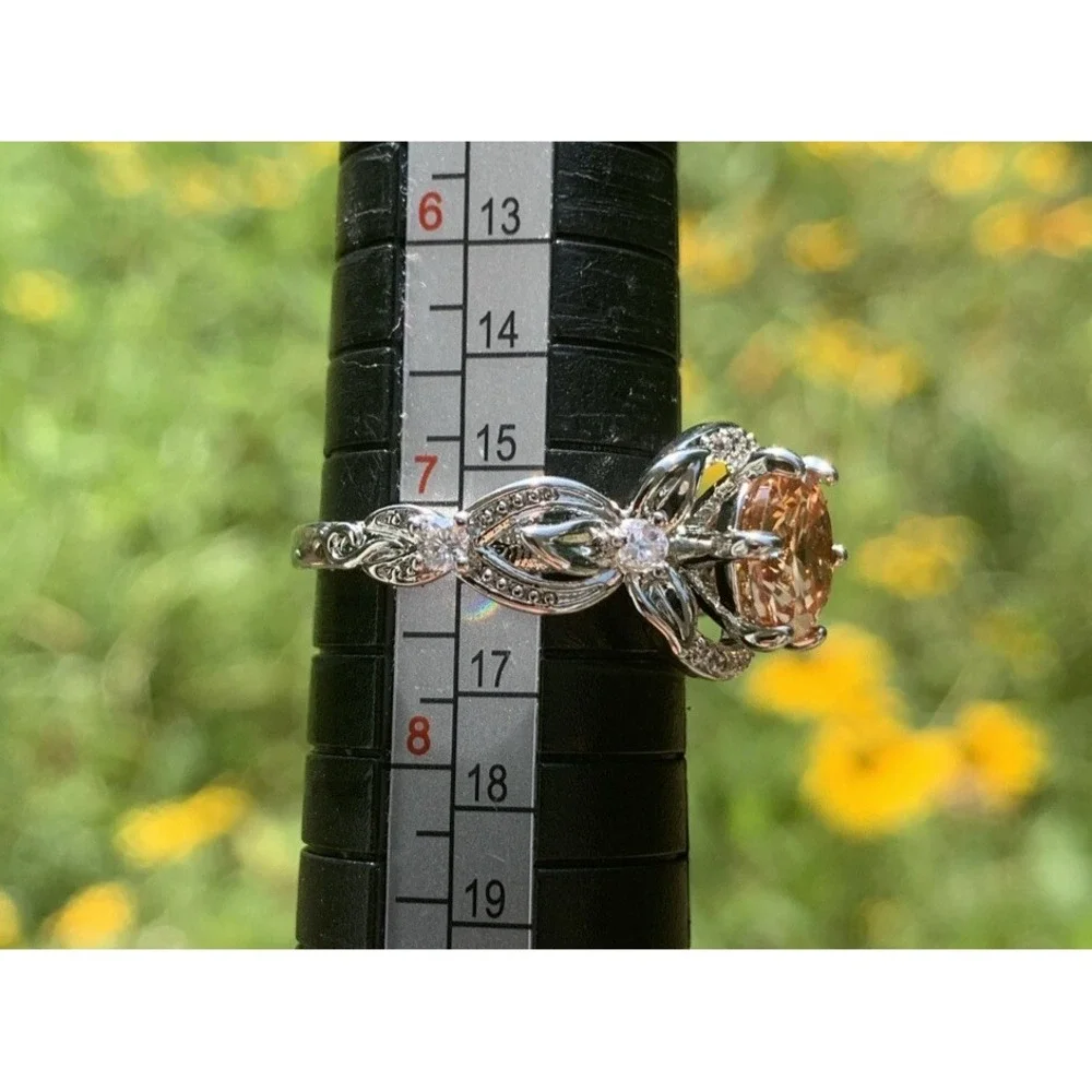 Silver Tone Cocktail Ring Champagne Center Stone White Gold Plated Size 7.25